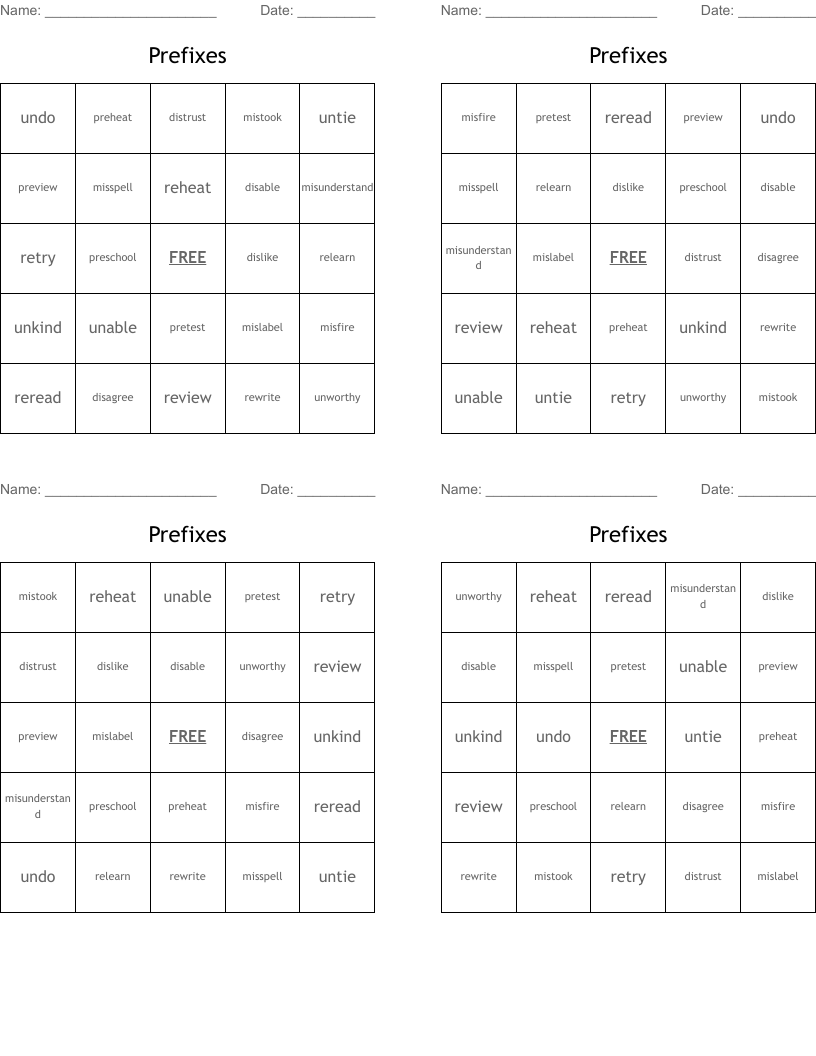Prefixes Bingo Cards