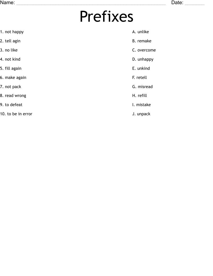 Prefixes Worksheet