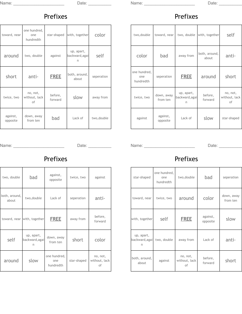 Prefixes Bingo Cards
