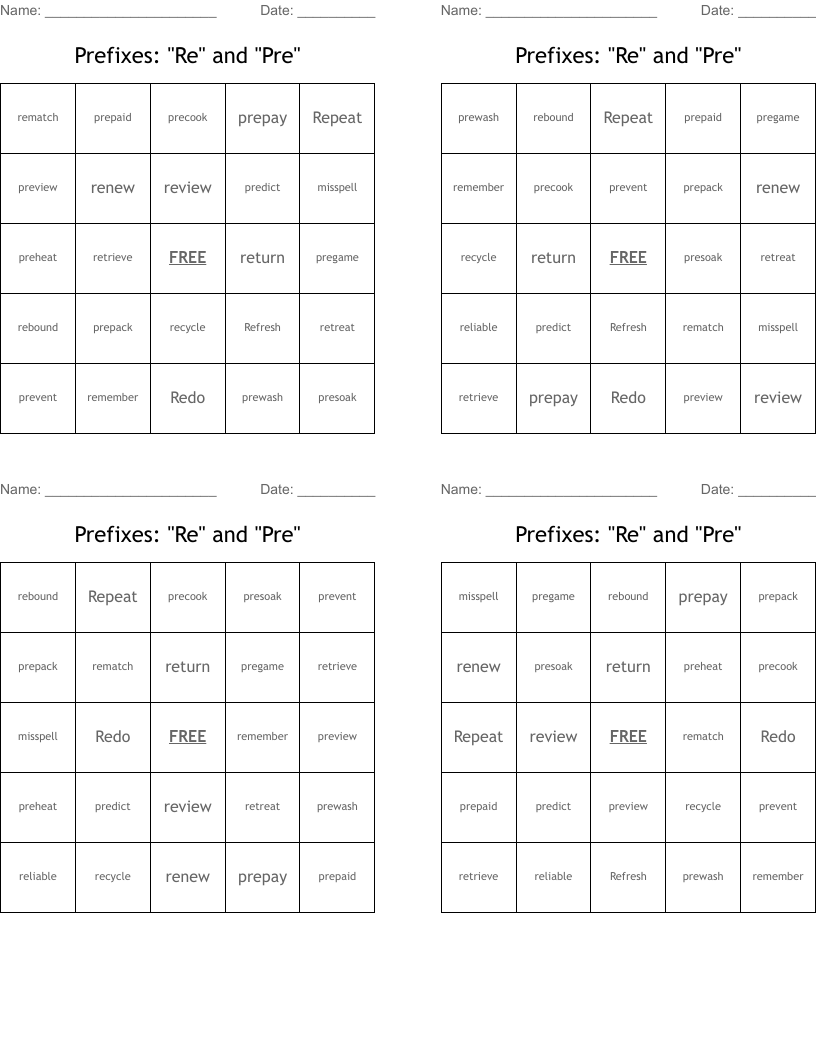 Prefixes: "Re" and "Pre" Bingo Cards