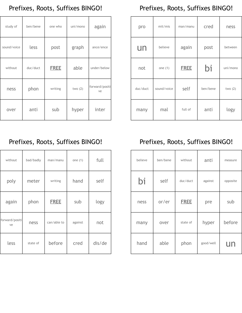 Prefixes, Roots, Suffixes BINGO!