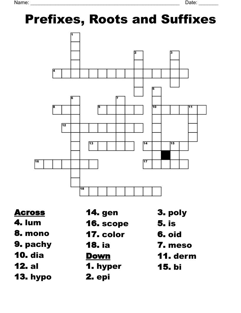 Prefixes, Roots and Suffixes Crossword