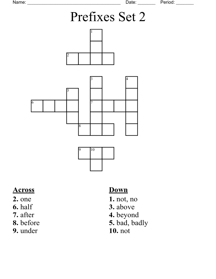 Prefixes Set 2 Crossword