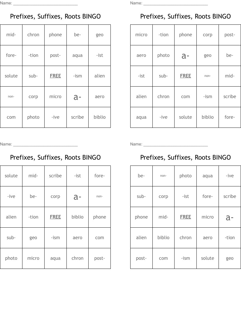 Prefixes, Suffixes, Roots BINGO