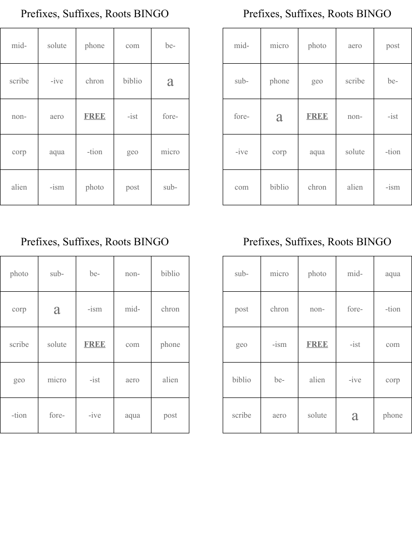 Prefixes, Suffixes, Roots BINGO