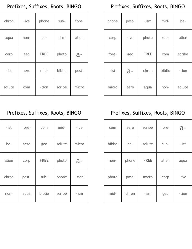 Prefixes, Suffixes, Roots, BINGO