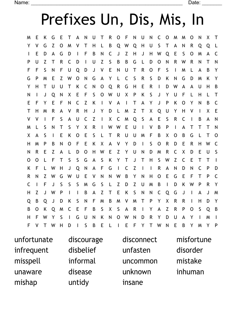 Prefixes Un, Dis, Mis, In Word Search