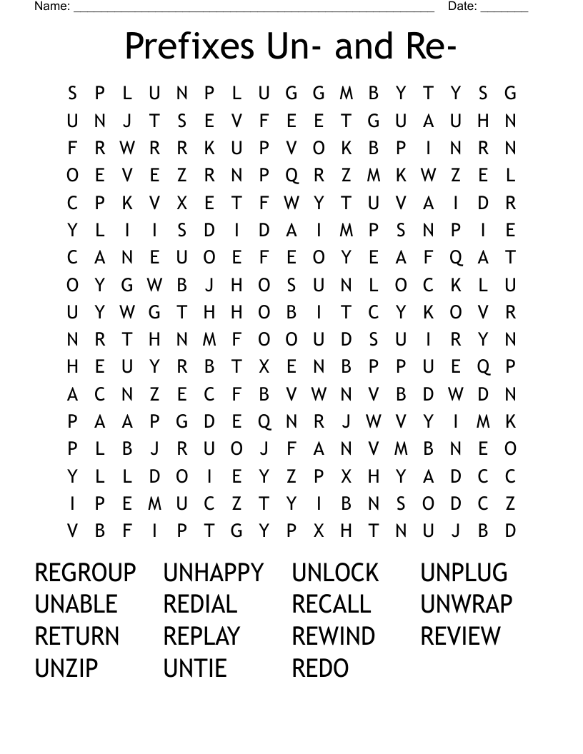 Prefixes Un- and Re- Word Search