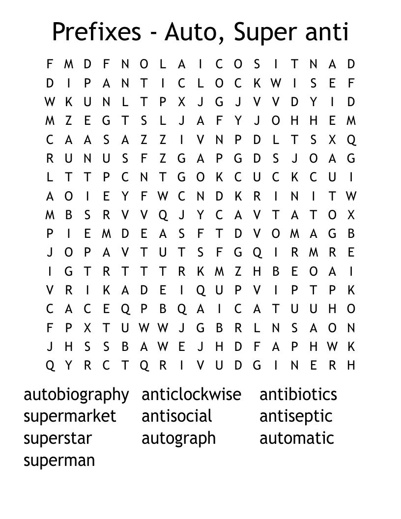 Prefixes - Auto, Super anti Word Search