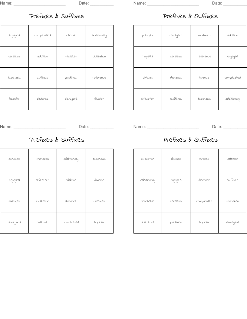 Prefixes & Suffixes Bingo Cards
