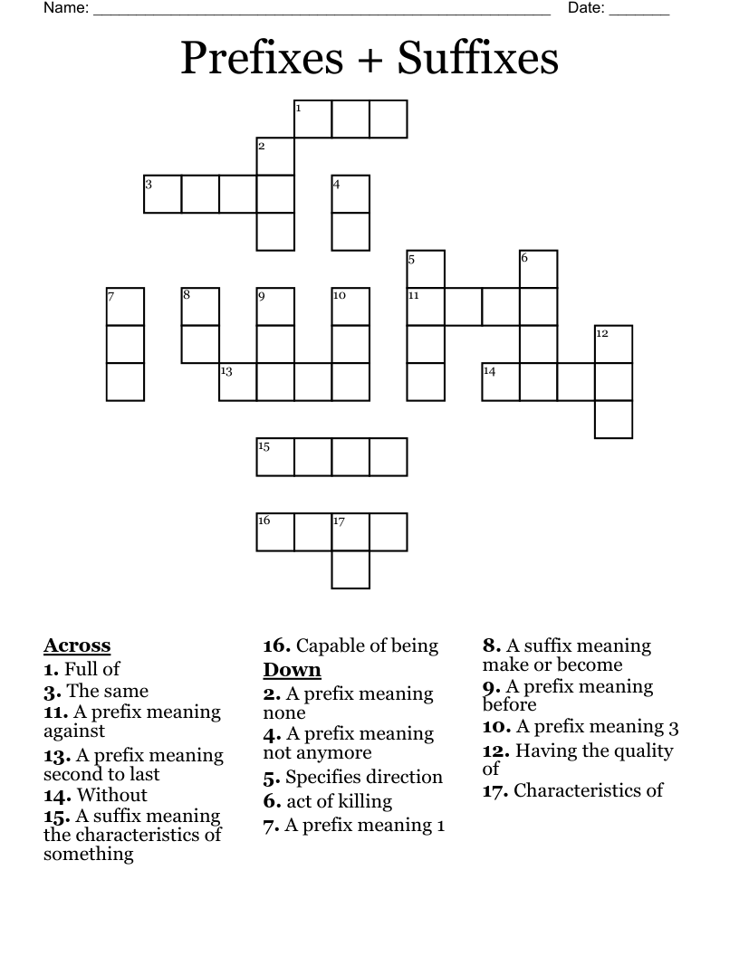 Prefixes + Suffixes Crossword