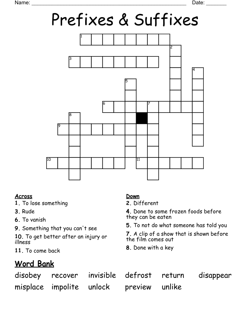 Prefixes & Suffixes Crossword