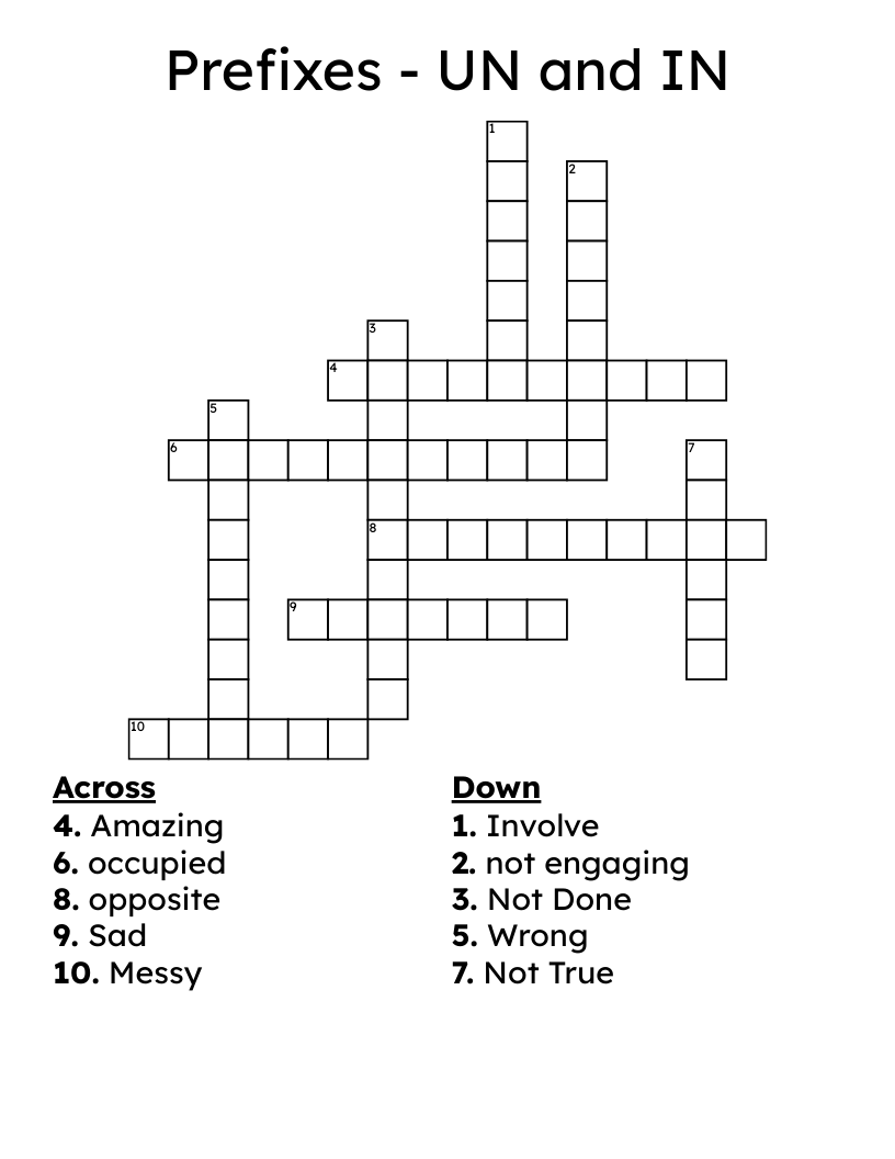 Prefixes - UN and IN Crossword
