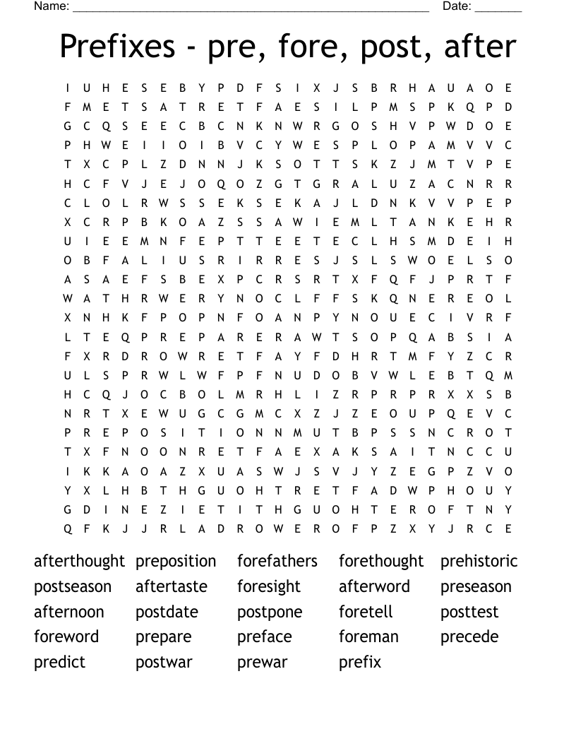 Prefixes - pre, fore, post, after Word Search