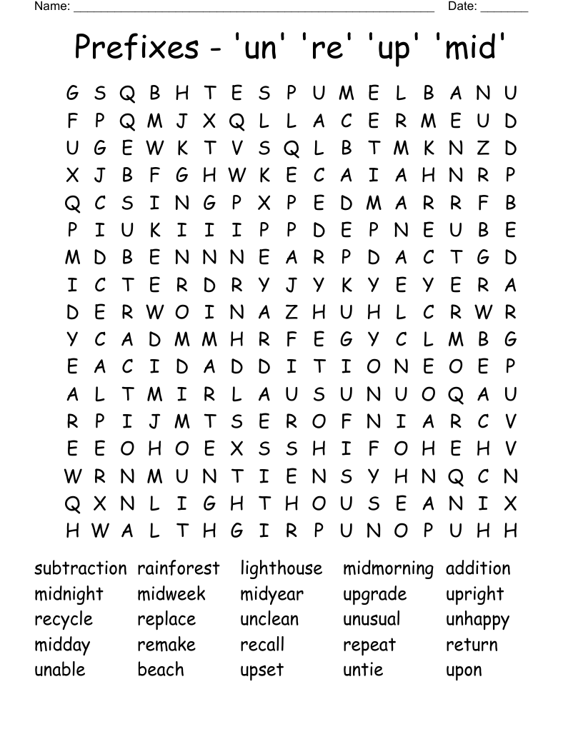 Prefixes - 'un'  're'  'up'  'mid' Word Search