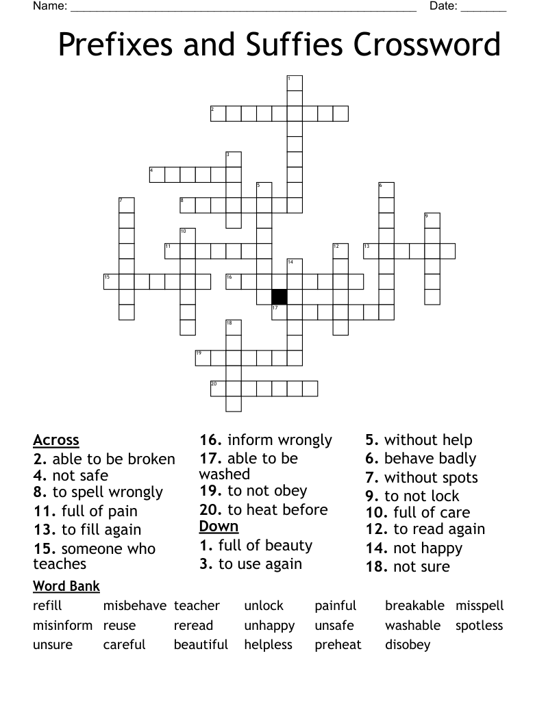 Prefixes and Suffies Crossword