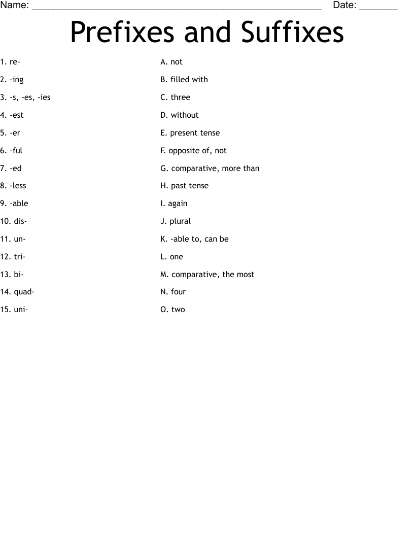 Prefixes and Suffixes Worksheet