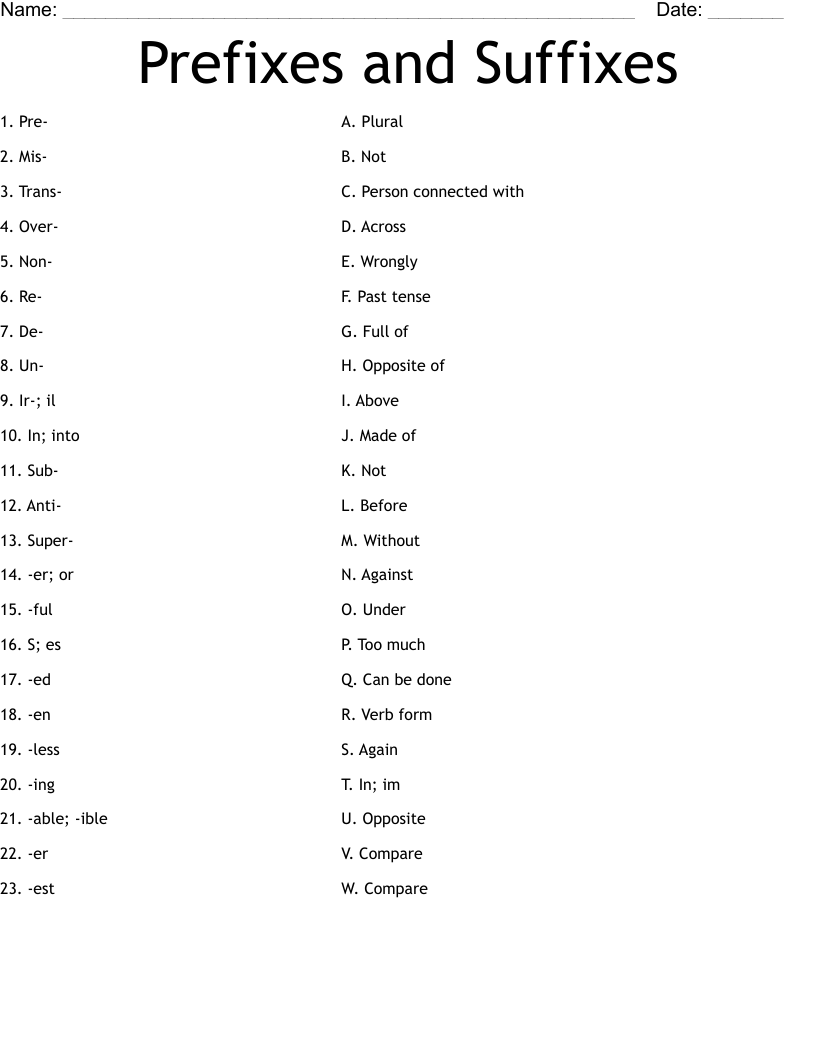 Prefixes and Suffixes Worksheet