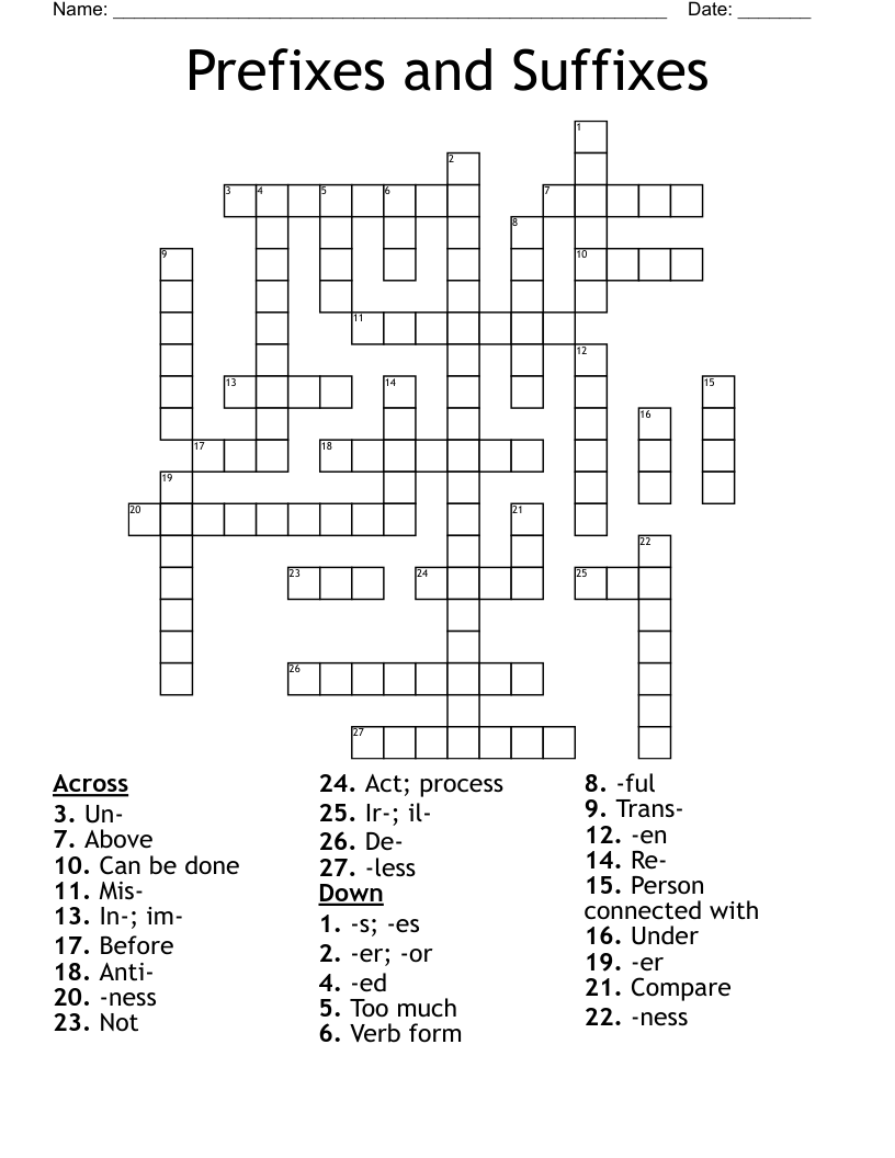Prefixes and Suffixes Crossword
