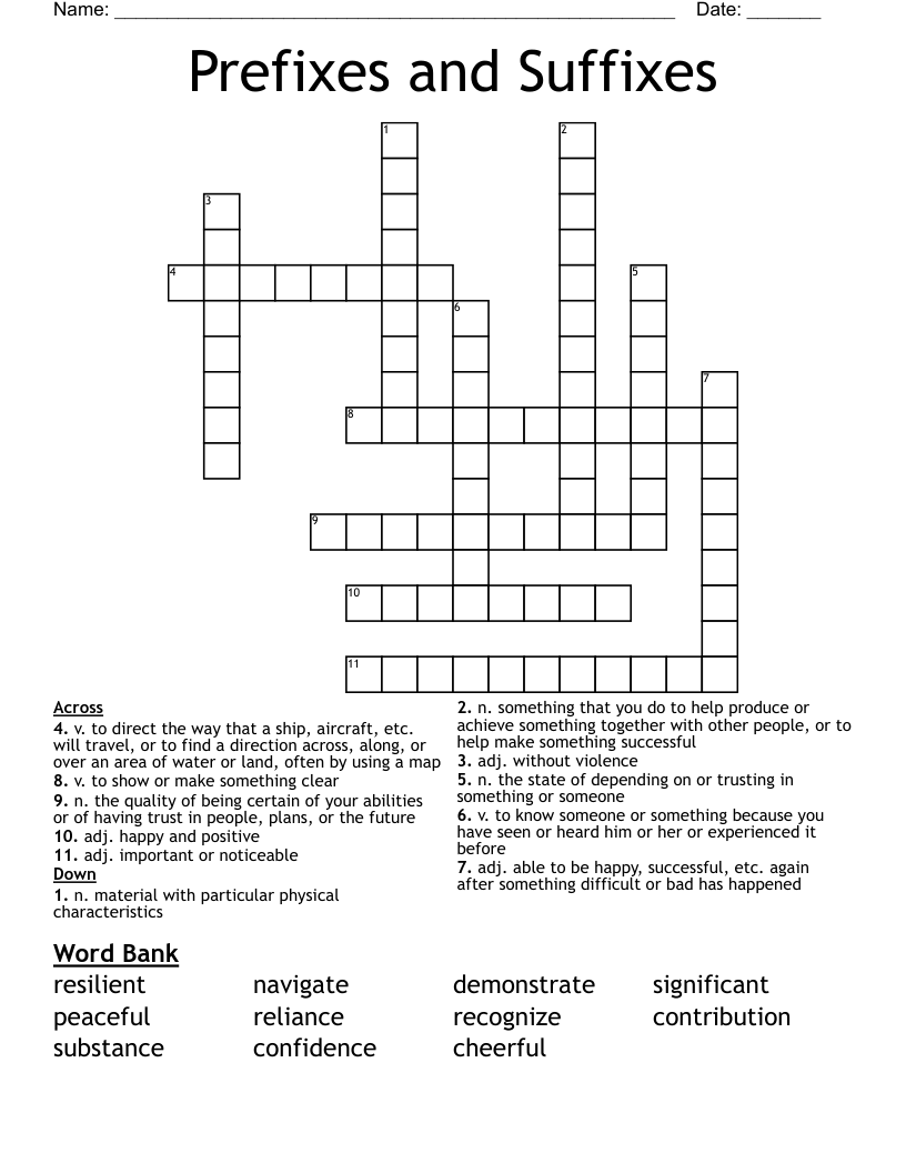 Prefixes and Suffixes Crossword