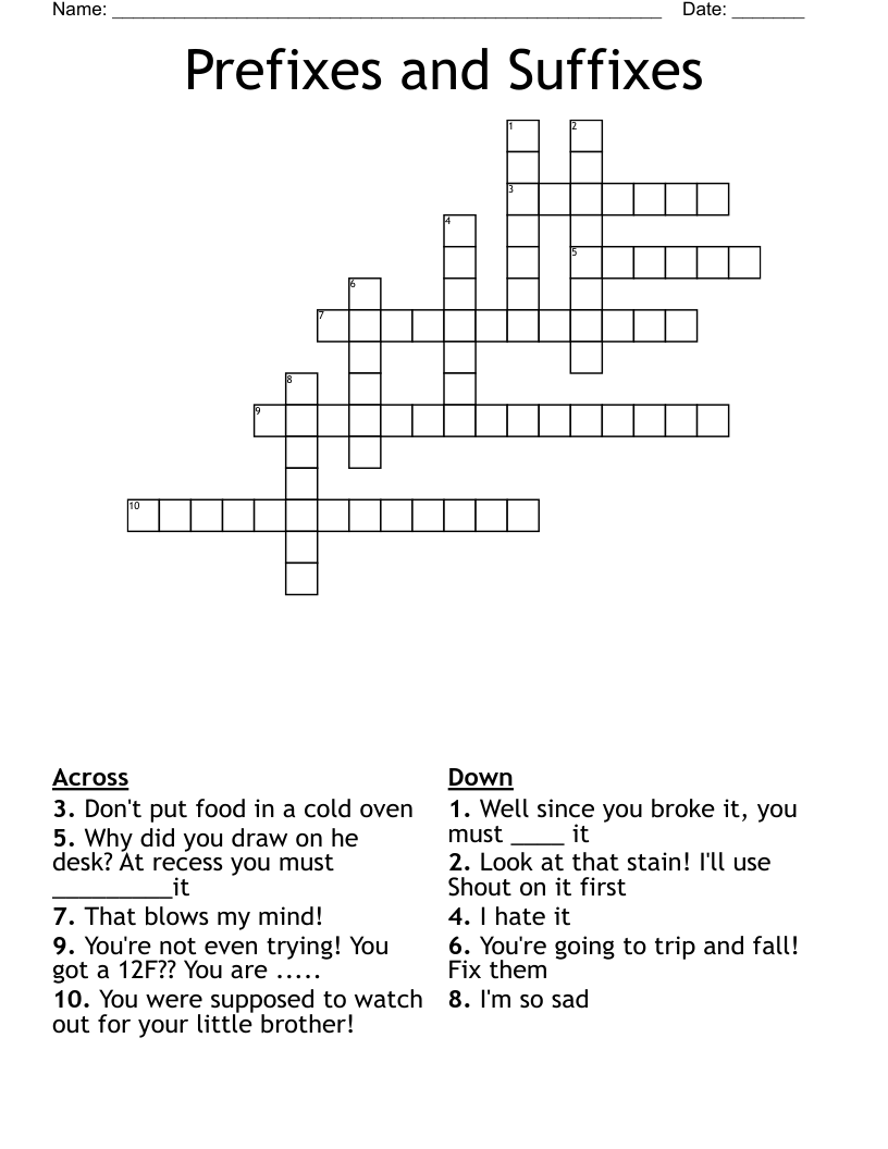 Prefixes and Suffixes Crossword