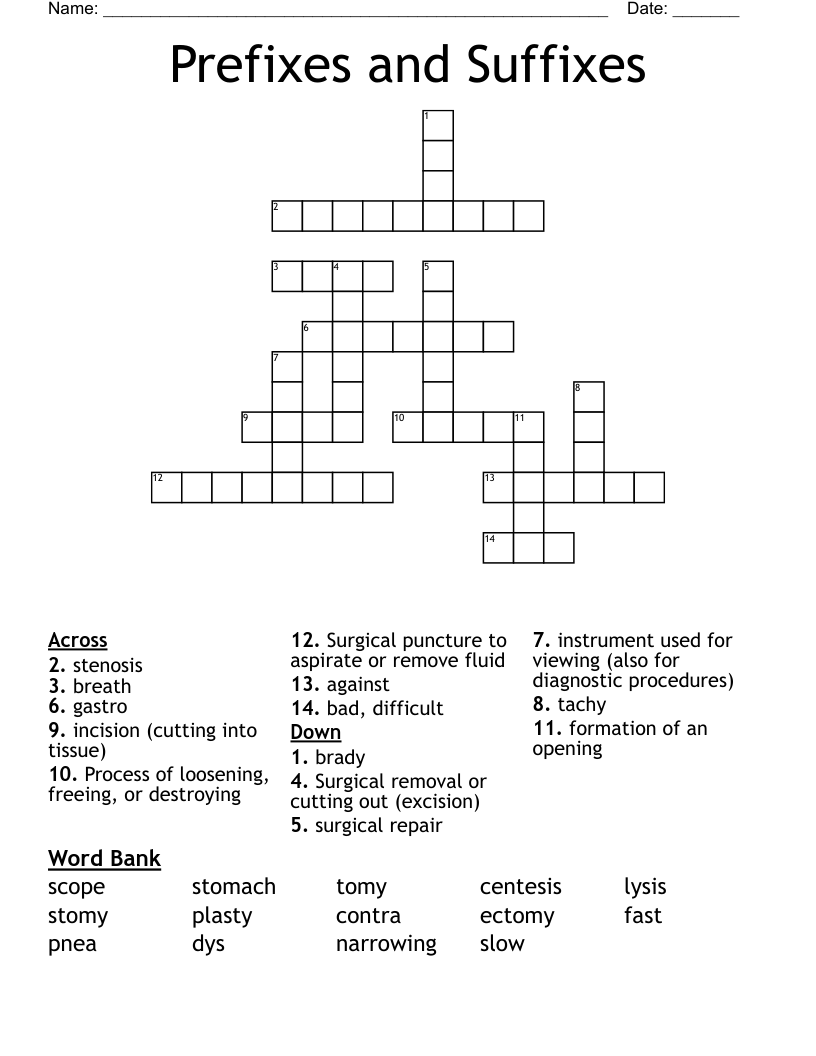 Prefixes and Suffixes Crossword