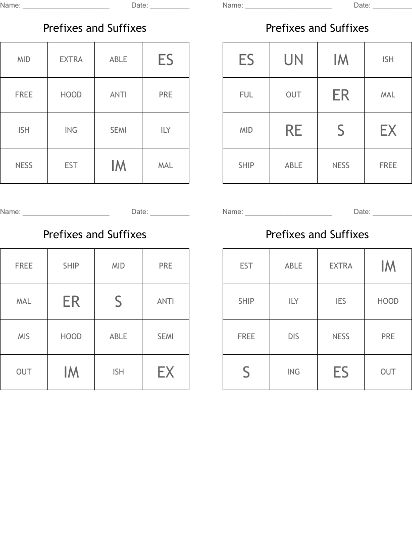 Prefixes and Suffixes Bingo Cards