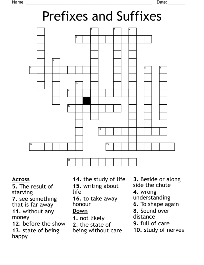 Prefixes and Suffixes Crossword