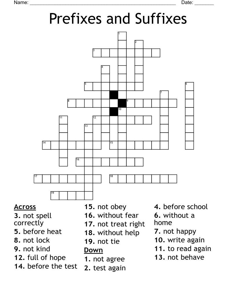 Prefixes and Suffixes Crossword