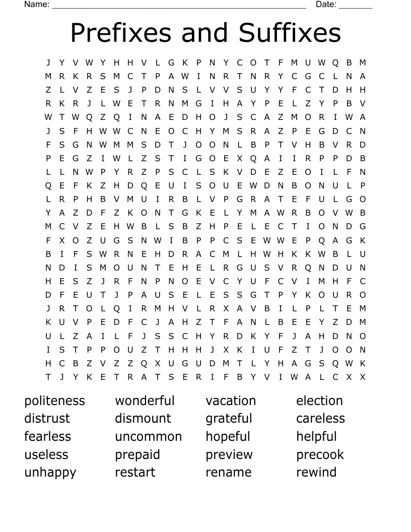 Prefixes and Suffixes Word Search