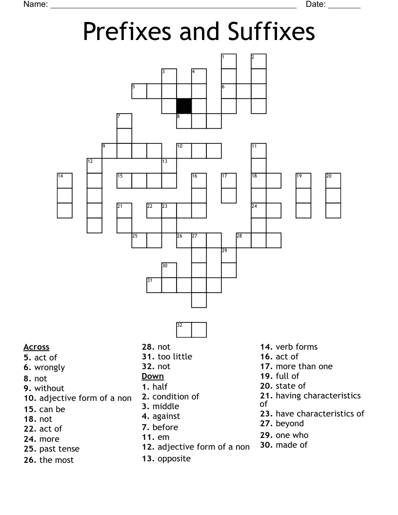 Prefixes and Suffixes Crossword