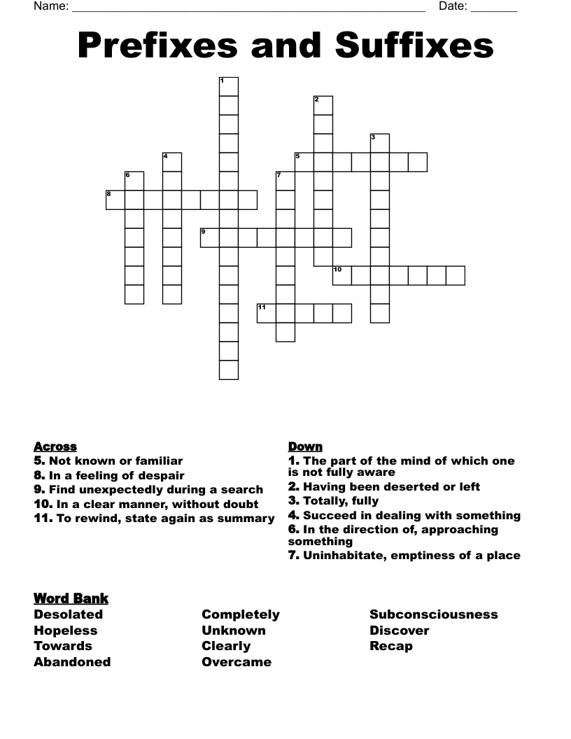 Prefixes and Suffixes Crossword