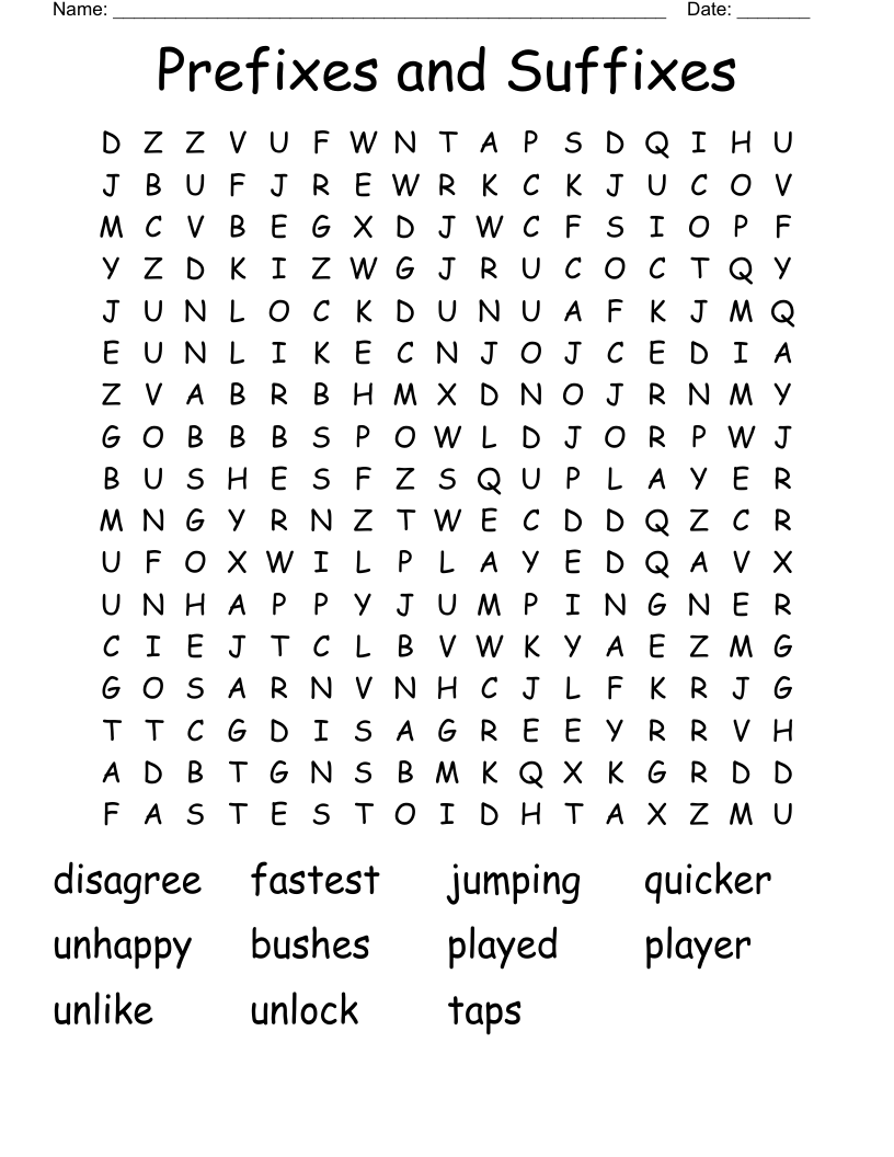 Prefixes and Suffixes Word Search