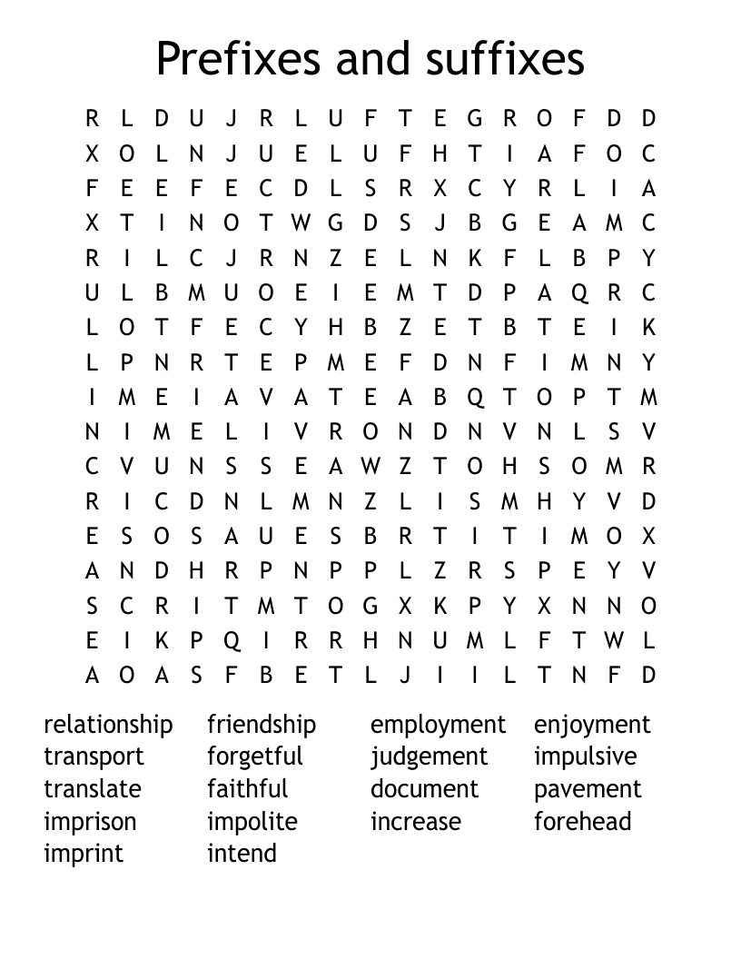 Prefixes and suffixes Word Search
