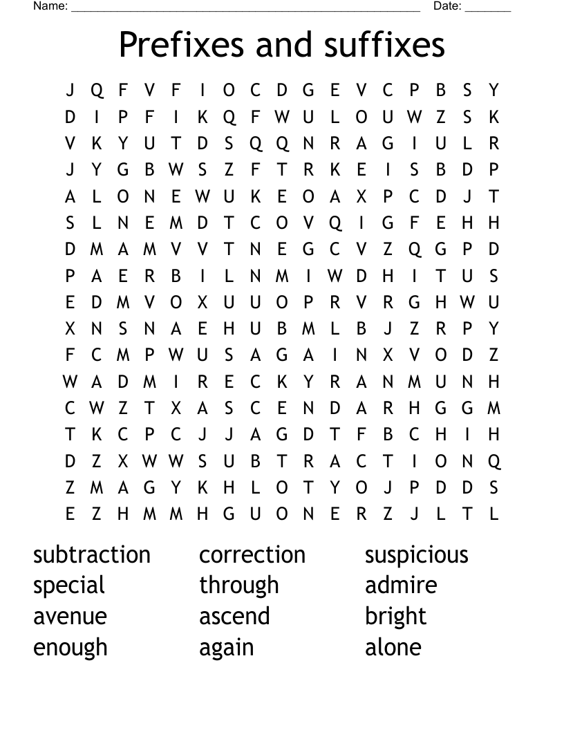 Prefixes and suffixes Word Search