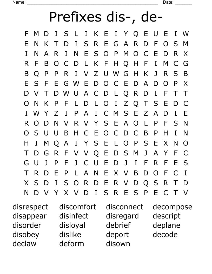 Prefixes dis-, de- Word Search