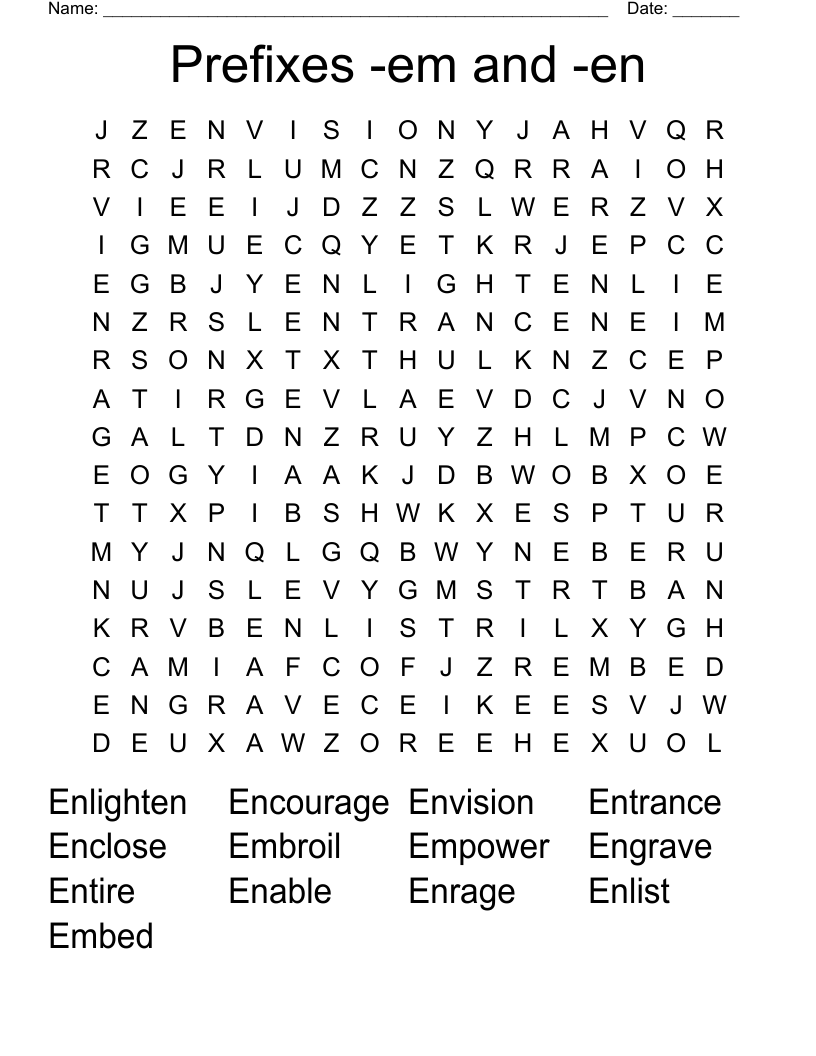 Prefixes -em and -en  Word Search