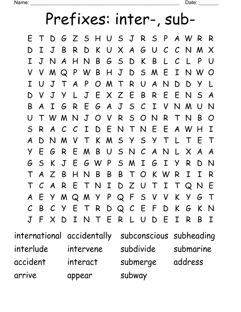 Prefixes: inter-, sub- Word Search