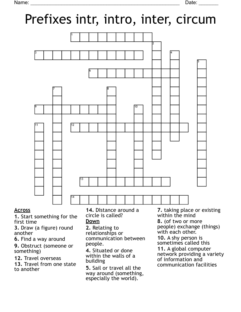 Prefixes intr, intro, inter, circum Crossword