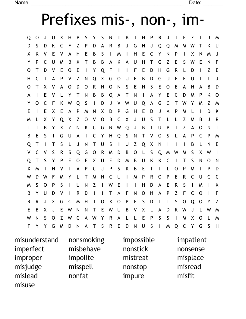 Prefixes mis-, non-, im- Word Search