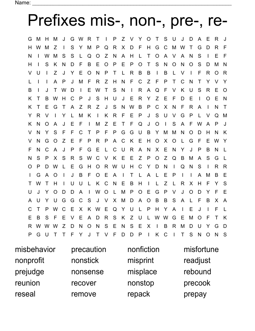Prefixes mis-, non-, pre-, re- Word Search