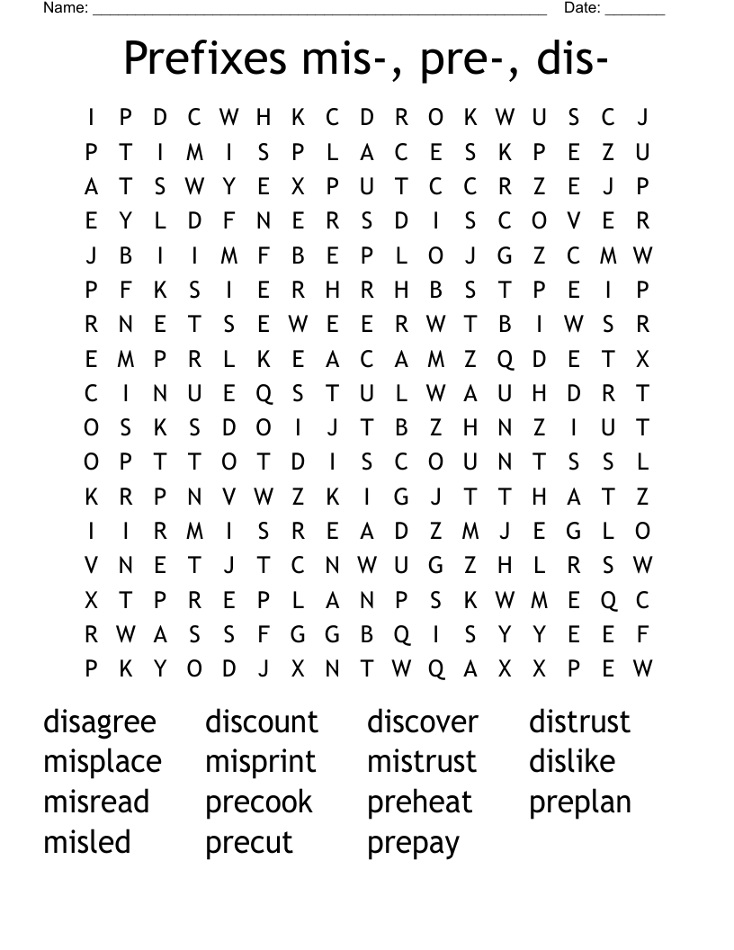 Prefixes mis-, pre-, dis- Word Search