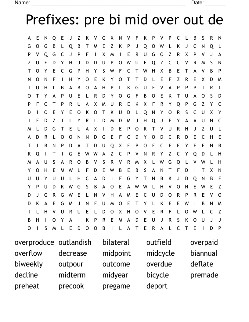 Prefixes: pre bi mid over out de Word Search