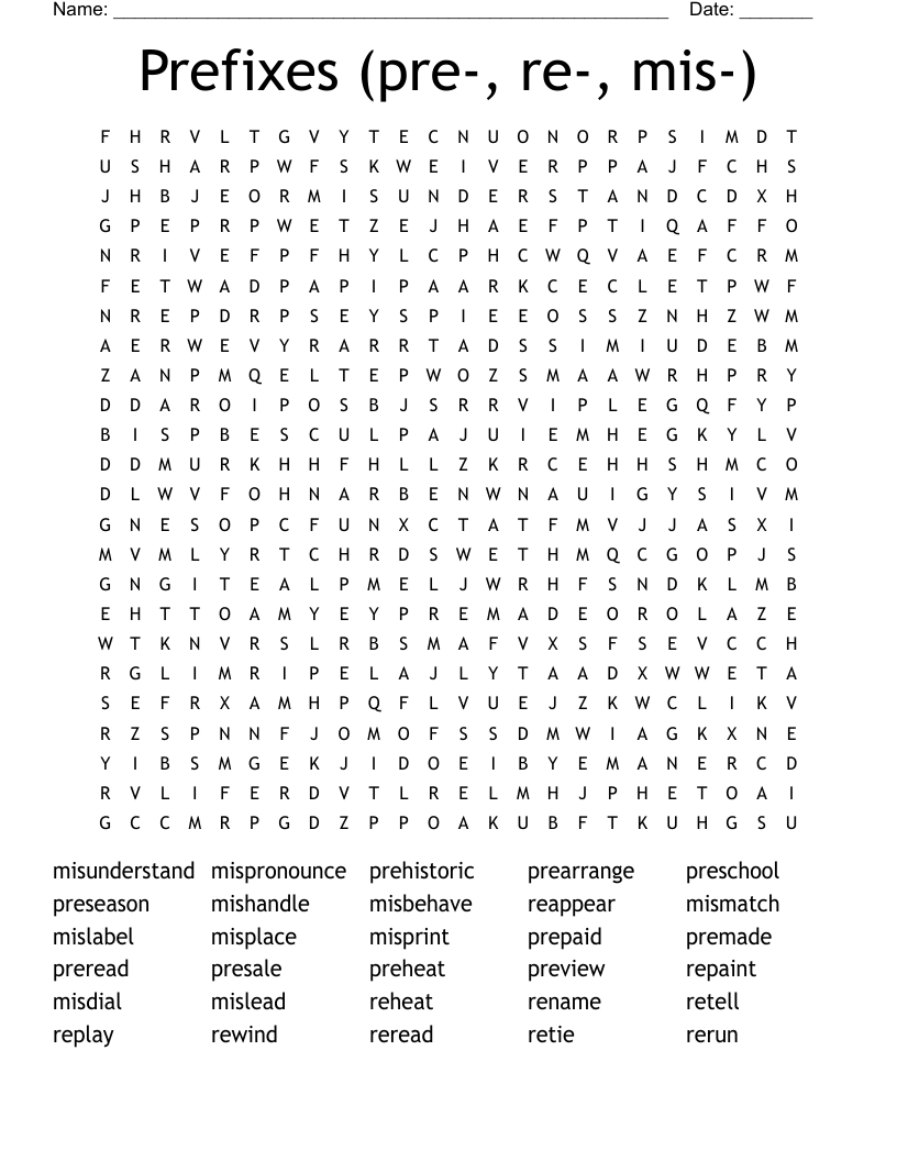Prefixes (pre-, re-, mis-) Word Search