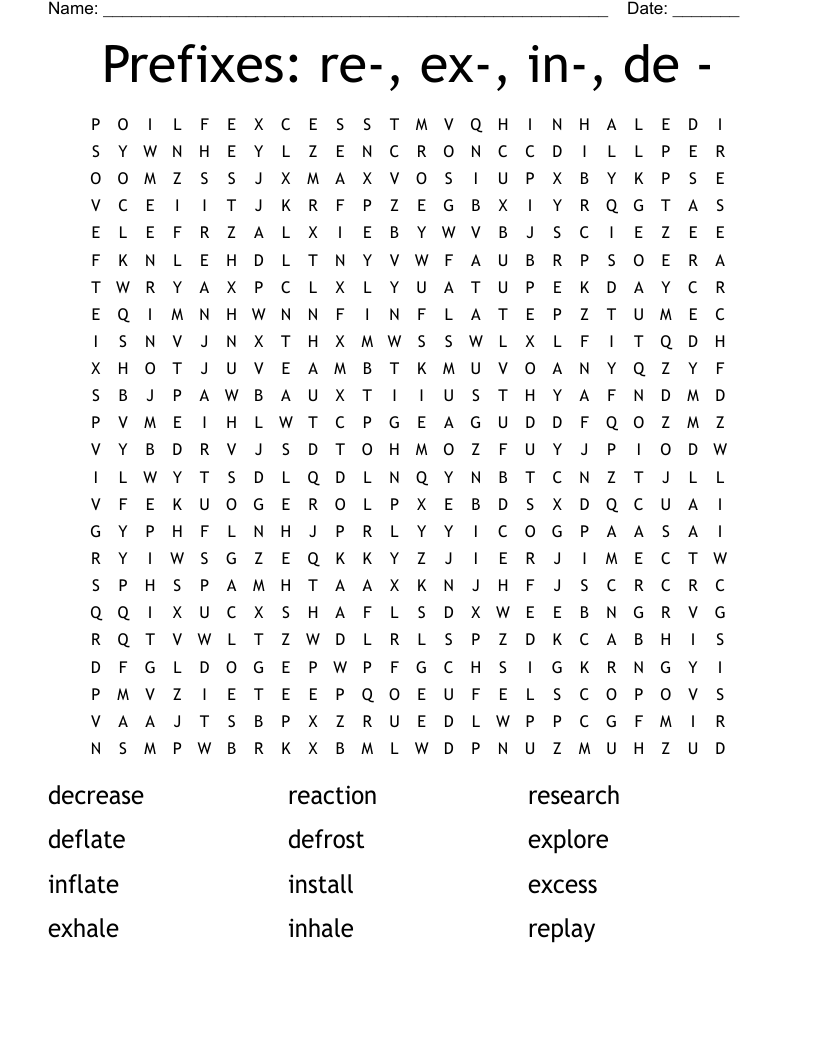 Prefixes: re-, ex-, in-, de - Word Search