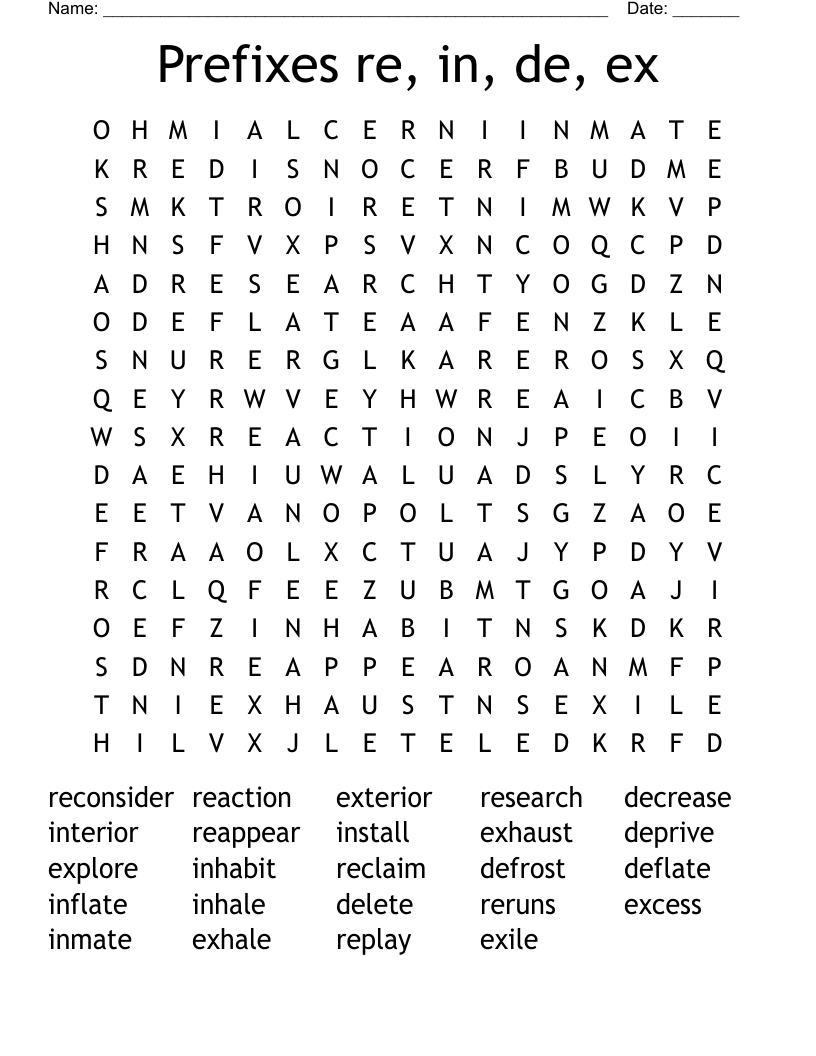 Prefixes re, in, de, ex Word Search