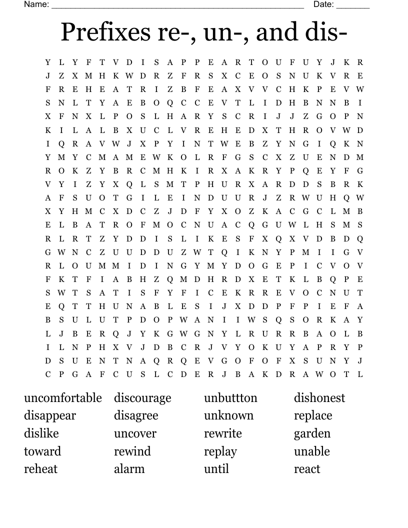 Prefixes re-, un-, and dis- Word Search