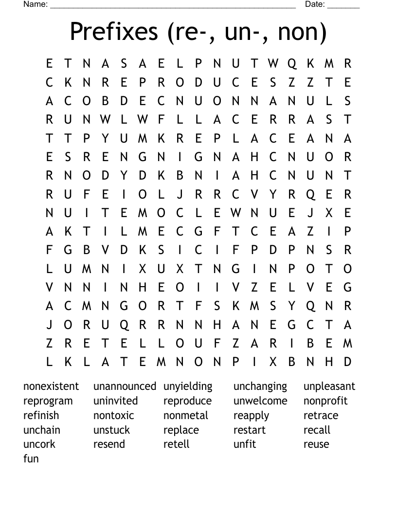 Prefixes (re-, un-, non) Word Search