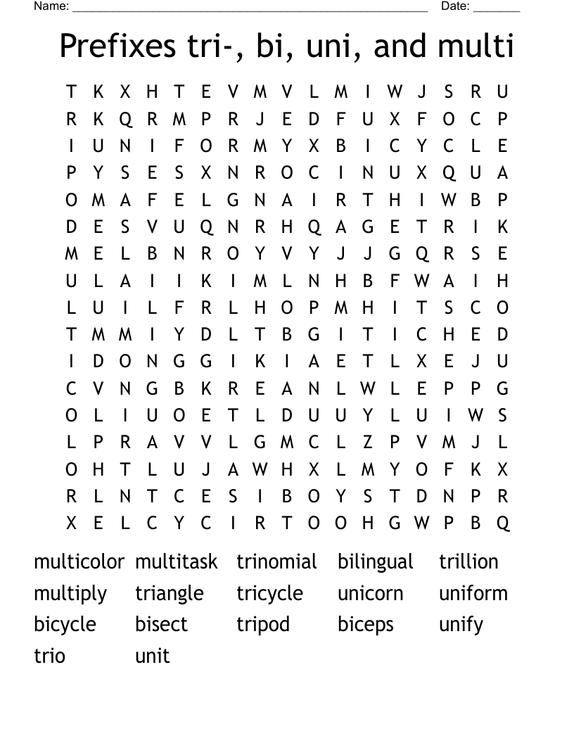 Prefixes tri-, bi, uni, and multi Word Search