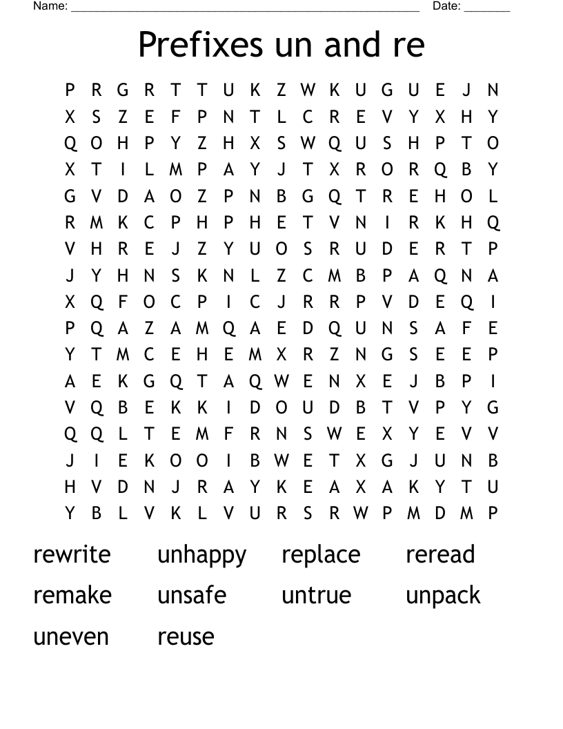 Prefixes un and re Word Search